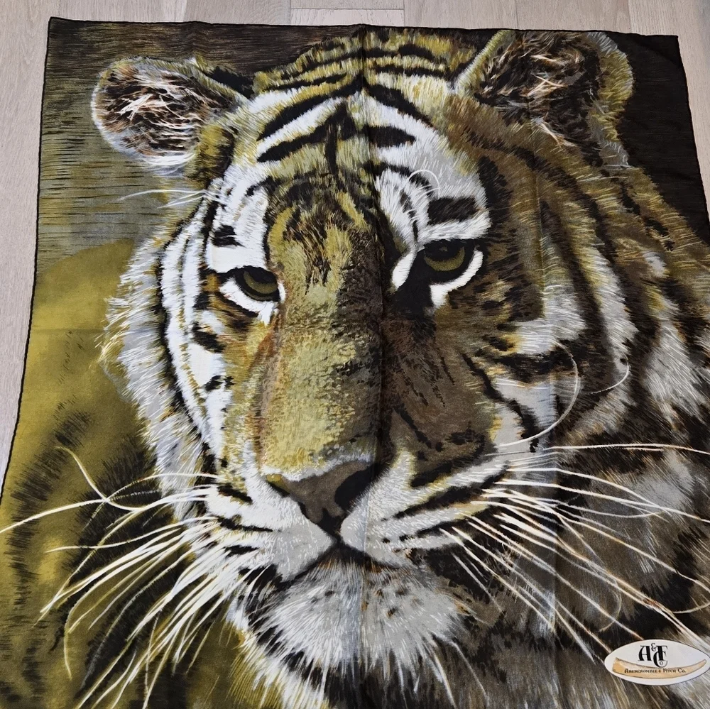 VINTAGE ABERCROMBIE & FITCH LARGE SQUARE SCARF TIGER GRAPHIC TAN BROWN WOMEN OS
